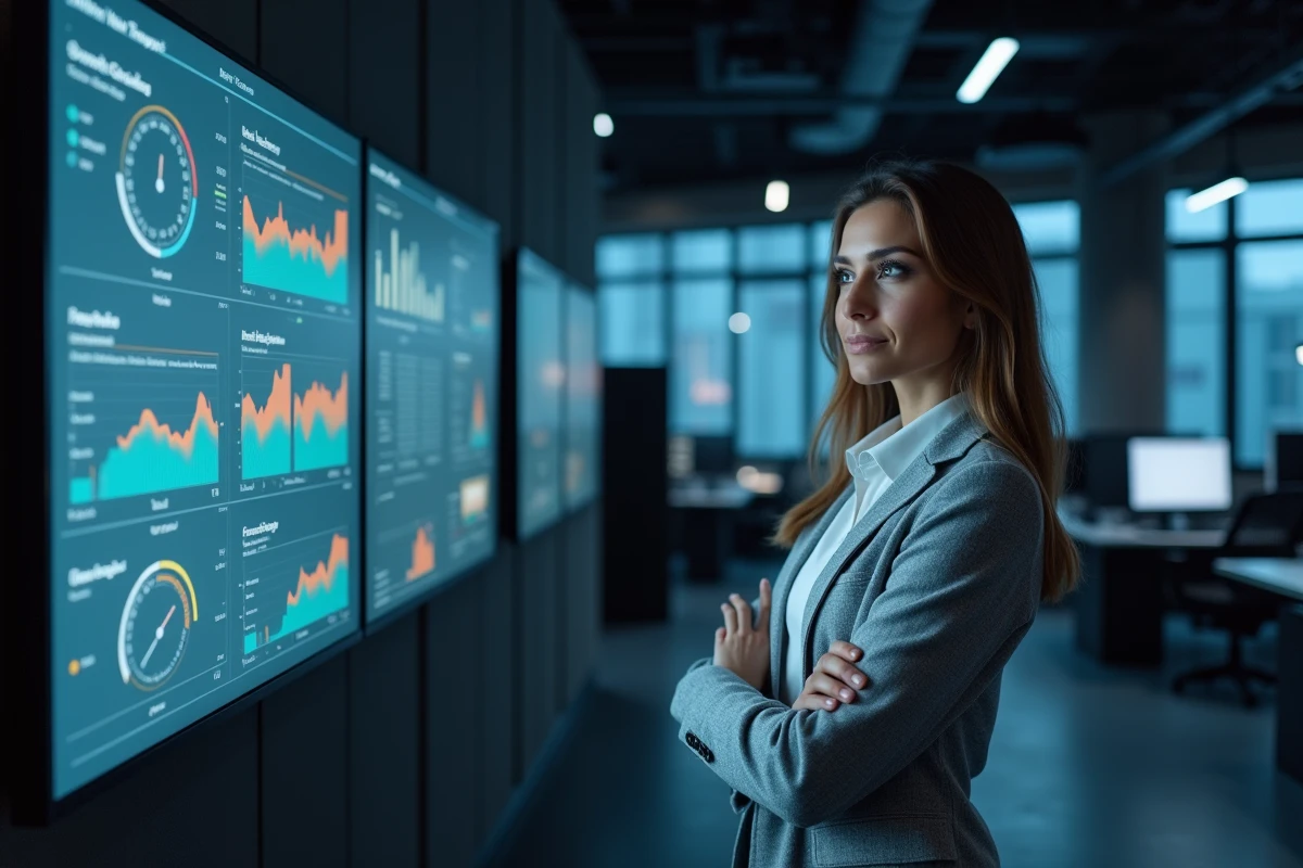 Ingénieure système debout devant un tableau de bord KPI affichant les taux de réussite de transition de disques virtuels personnels dans un centre d'opérations informatiques