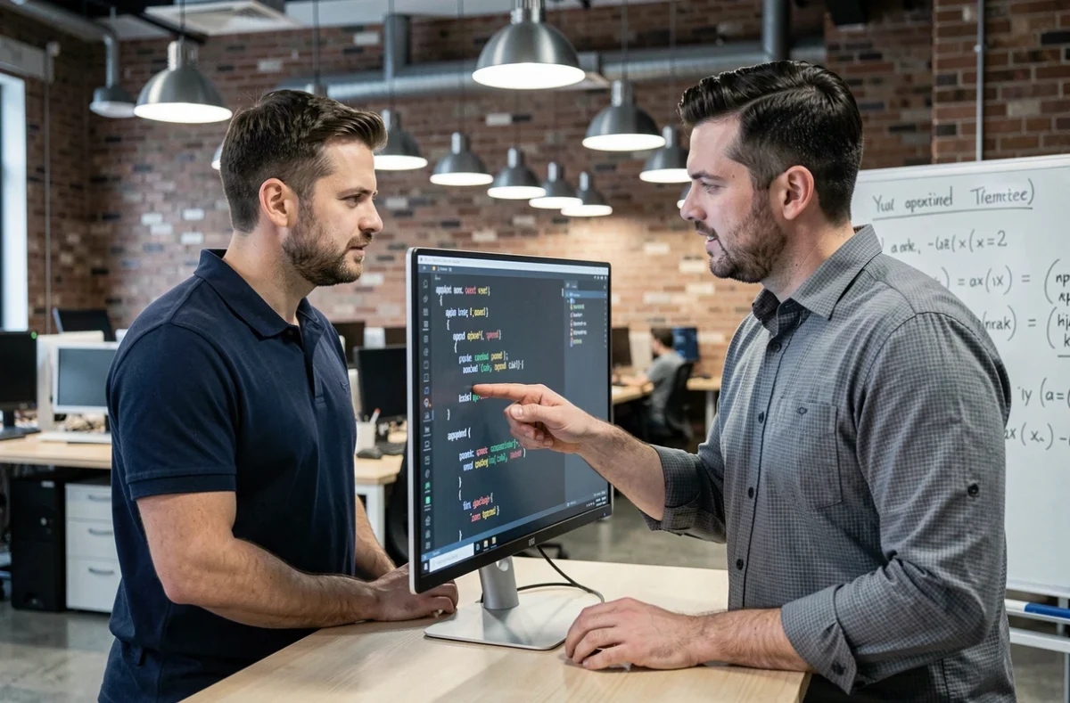 Deux ingénieurs logiciels discutant d'un script Python utilisant append dans un bureau tech en open space