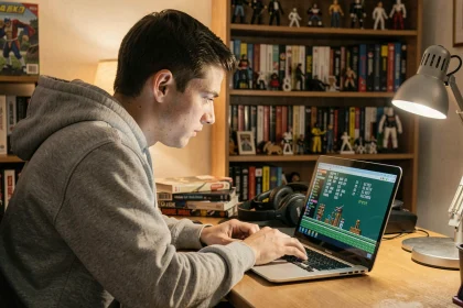 Jeune homme installant un émulateur de jeu rétro sur son ordinateur portable dans un bureau à domicile