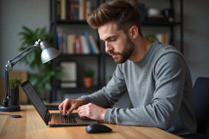 Jeune homme installant une mémoire mSATA dans un ordinateur portable
