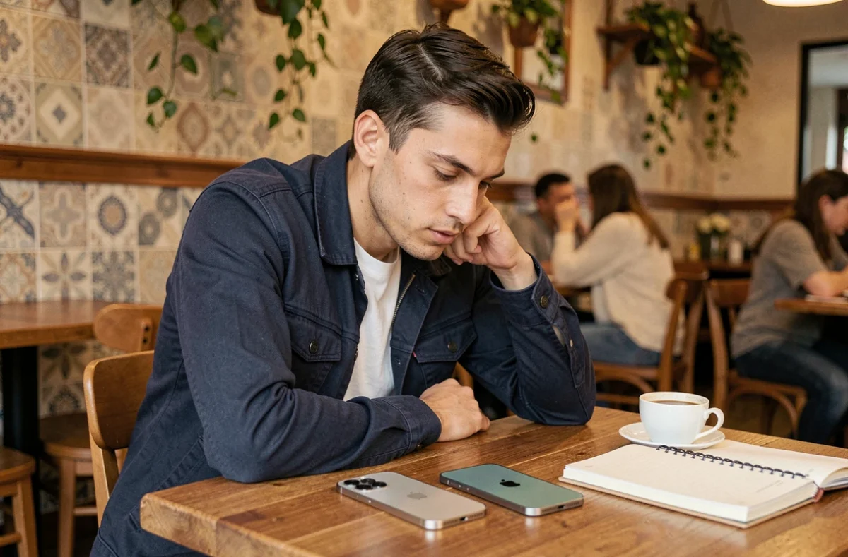 Homme assis dans un café comparant les tailles de l'iPhone 12 Pro Max et de l'iPhone 12 posés sur une table en bois