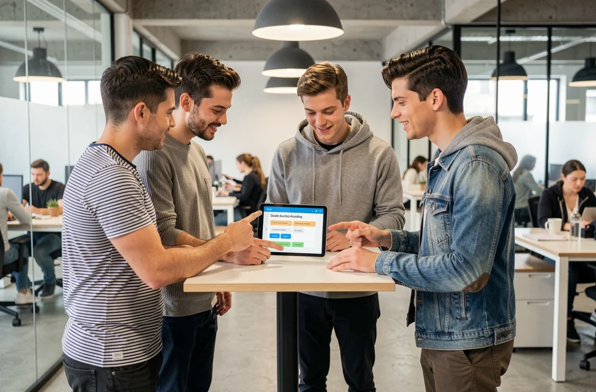 Jeune équipe agile consultant un sondage de disponibilités sur tablette dans un espace de coworking