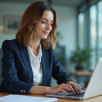 Jeune femme d'affaires française travaillant sur son ordinateur dans un bureau moderne