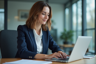Jeune femme d'affaires française travaillant sur son ordinateur dans un bureau moderne