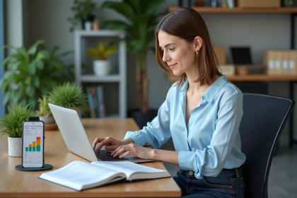 Jeune femme au bureau avec ordinateur et graphiques