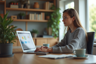 Jeune femme concentrée sur son ordinateur dans un bureau lumineux