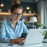 Jeune femme professionnelle utilisant smartphone et ordinateur