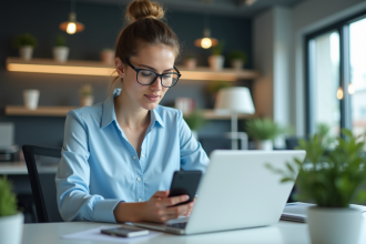 Jeune femme professionnelle utilisant smartphone et ordinateur