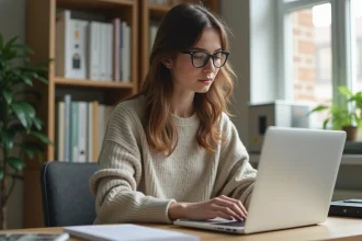 Jeune femme au bureau moderne utilisant un ordinateur portable