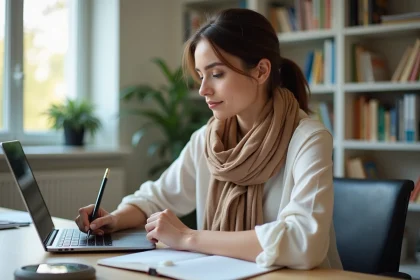 Jeune femme concentrée prenant des notes dans un bureau moderne