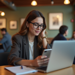 Jeune femme en café avec ordinateur et smartphone