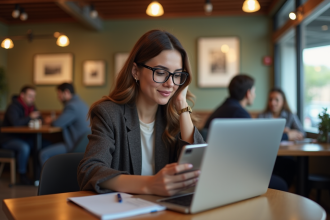 Jeune femme en café avec ordinateur et smartphone