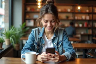 Jeune femme au café regardant son smartphone avec sourire