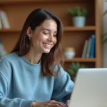 Jeune femme souriante utilisant un chatbot sur son ordinateur dans un salon cosy