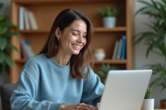 Jeune femme souriante utilisant un chatbot sur son ordinateur dans un salon cosy