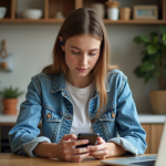 Jeune femme en denim checkant son smartphone dans un intérieur cosy