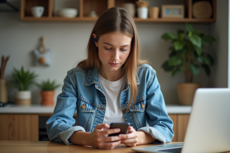 Jeune femme en denim checkant son smartphone dans un intérieur cosy