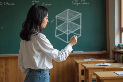 Jeune femme dessinant un cube en classe avec craie