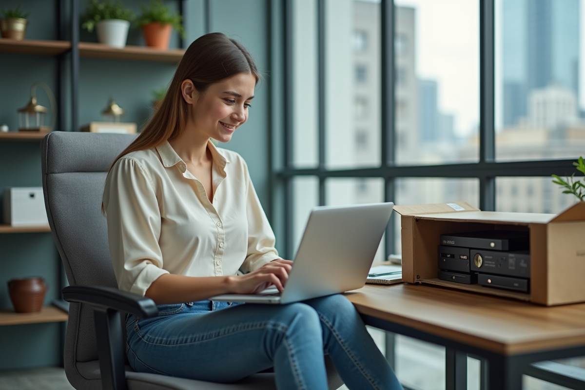 Jeune femme regardant un ordinateur portable avec matériel ancien autour