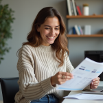 Jeune femme souriante vérifiant des flyers dans un bureau moderne