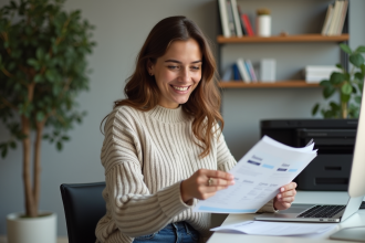 Jeune femme souriante vérifiant des flyers dans un bureau moderne