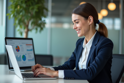 Jeune femme en bureau moderne gérant dashboards marketing