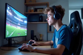 Jeune homme concentré devant son écran de jeu Rocket League
