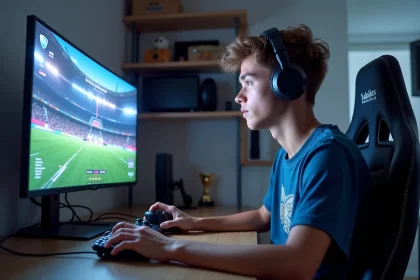 Jeune homme concentré devant son écran de jeu Rocket League