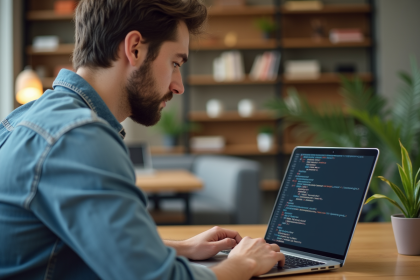 Jeune homme au bureau regardant du code HTML sur son ordinateur
