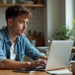 Jeune homme concentré sur son laptop dans la cuisine moderne