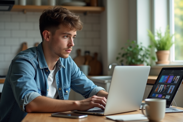 Jeune homme concentré sur son laptop dans la cuisine moderne