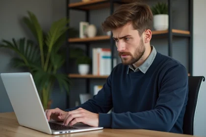 Jeune homme en bureau à domicile regardant son ordinateur