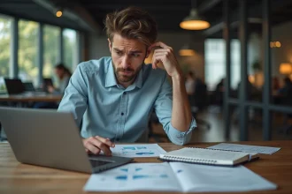 Jeune homme anxieux devant un ordinateur au bureau