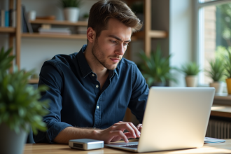 Jeune homme connectant un disque dur à un ordinateur portable dans un bureau lumineux