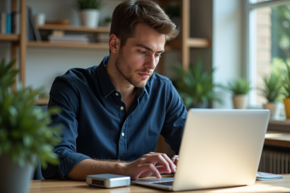 Jeune homme connectant un disque dur à un ordinateur portable dans un bureau lumineux