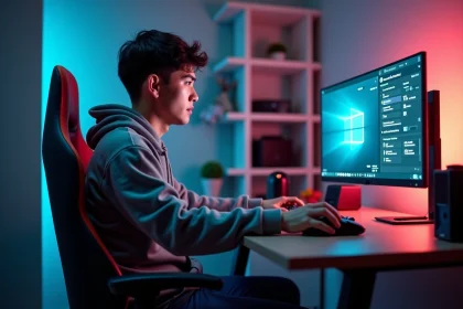 Jeune homme concentré réglant ses paramètres de jeu sur son ordinateur