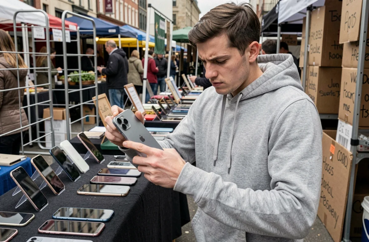 Jeune homme examinant un iPhone 16e d'occasion sur un marché aux puces, vérifiant la caméra et l'état général avant achat