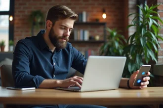 Jeune homme utilisant Messenger sur son ordinateur dans un appartement moderne