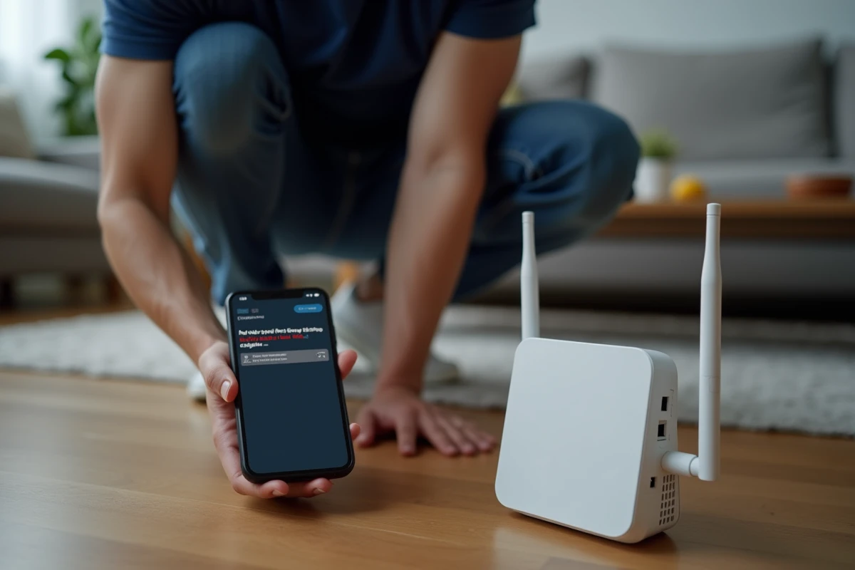 Jeune homme vérifiant la connexion du routeur avec un navigateur affichant une page vide sur smartphone