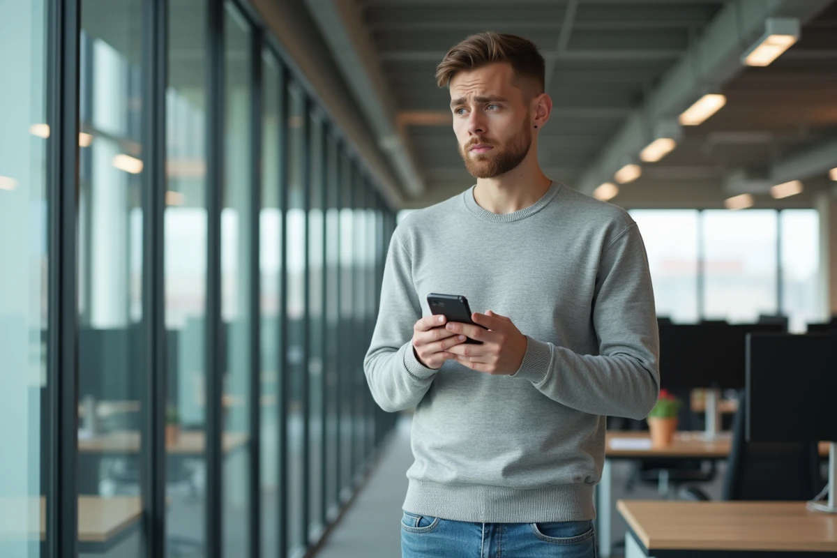 Jeune homme au bureau utilisant son smartphone