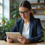 Jeune femme gestionnaire social media analysant des données sur tablette
