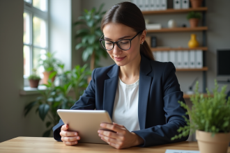 Jeune femme gestionnaire social media analysant des données sur tablette