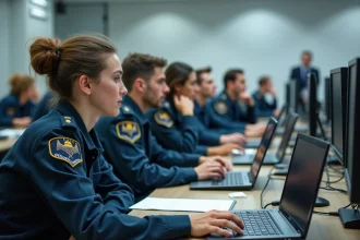 Jeunes militaires en formation informatique en classe