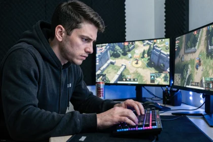 Joueur solo concentré devant son setup gaming en duo d'écrans, illustrant le solo queue en CS2