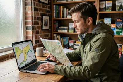 Homme consultant une carte GPX sur ordinateur portable dans un bureau à domicile avec carte topographique papier