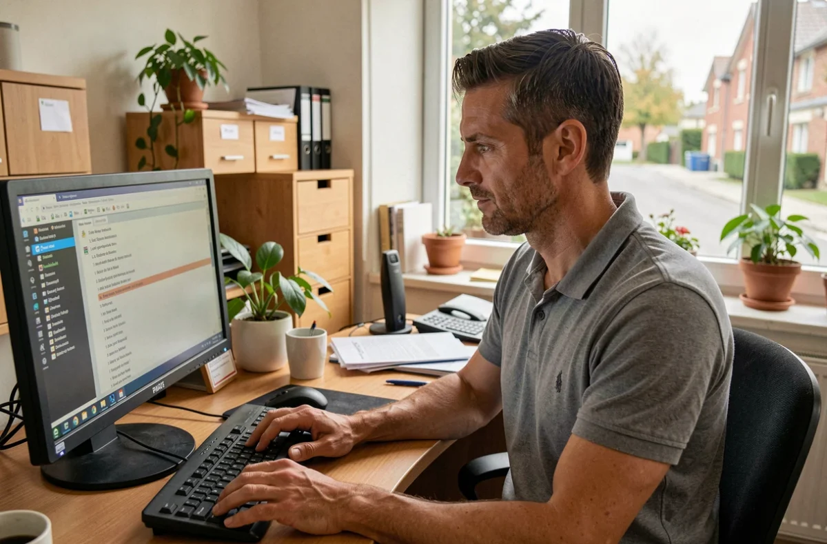 Technicien informatique effectuant une opération de maintenance sur ordinateur dans un bureau à La Séguinière