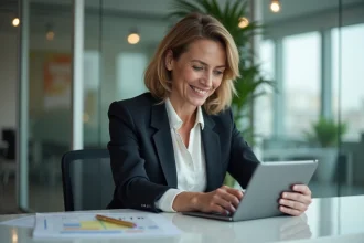 Manager RH femme consulte rapport satisfaction sur tablette