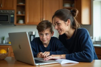 Une mère et son fils adolescent consultent ensemble un ENT scolaire sur un ordinateur portable dans une cuisine familiale