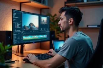 Monteur vidéo professionnel devant un grand écran PC de 32 pouces dans un studio home office moderne
