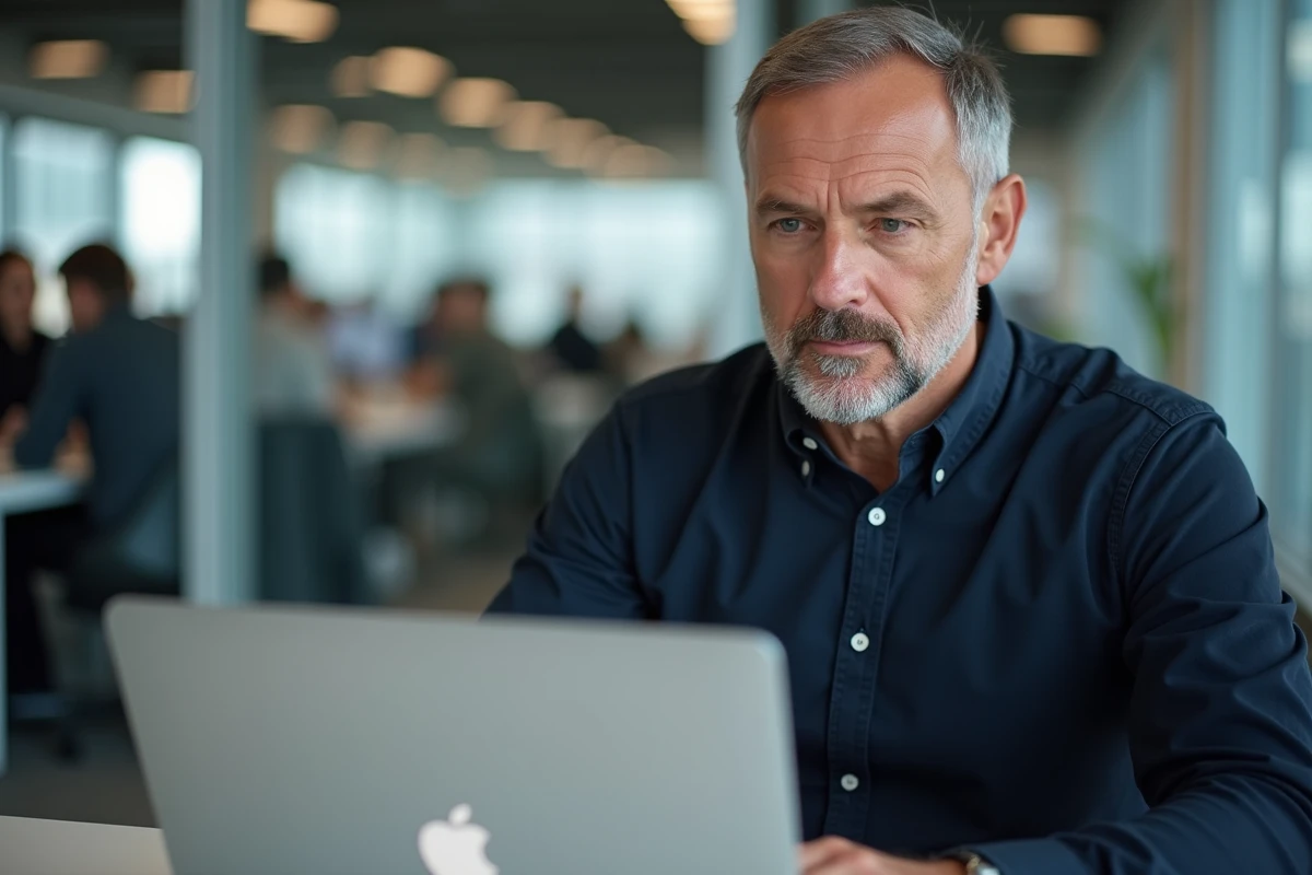 Homme utilisant un logiciel automatique pour nettoyer le cache de son MacBook Air au bureau